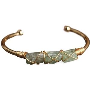 Goud Koperdraad Gewikkeld Ruwe Natuurlijke Zwarte Toermalijn Roze Opaal Larimar Steen Nugget Kralen Open Manchet Bangle Armband Sieraden (Color : Green Apatite)