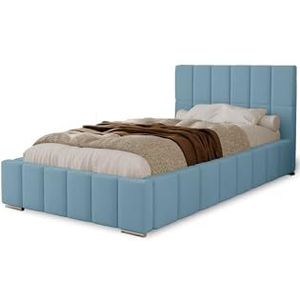 MARPUR POLSTERBED Alma 80x200 cm, bed met hoofdeinde, tweepersoonsbed met bedlade, lattenbodem en matras van hout, veloursstof: lichtblauw