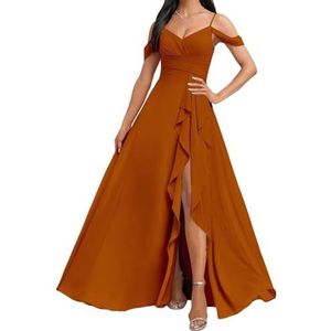 HPPEE Koude Schouder Bruidsmeisjes Jurken met Split Ruches A-lijn Chiffon Formele Avondfeestjurk, Verbrand Oranje, 32