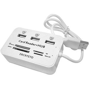 ERCRYSTO Kaartlezer en 3 poorten USB-hub, hoge snelheid externe geheugenkaartlezer (MS, Micro SD, SD/MMC, M2, TF-kaart), wit.