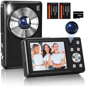 Digitale camera 4K 64MP autofocus camera fotocamera compacte vloggingcamera met dubbele lens, 2,8 inch scherm, 16x digitale zoom, 2 batterijen voor kinderen, jongeren, beginners, zwart
