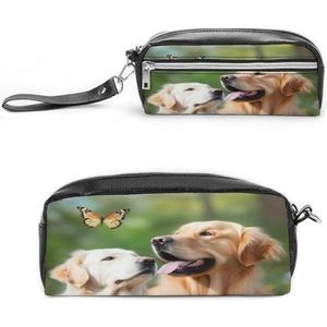 MNVTSKOP Gouden Hond met Vlinder Make-up Tas Kleine Cosmetische Reistas Draagbare Briefpapier Organizer voor Vrouwen Leraar