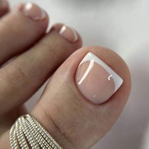 24 stuks nep teennagels - glanzende teennagels met Franse tip - volledig dekkende teennagels - nep teennagels plakken met geleilijm for vrouwen en meisjes(Nude)