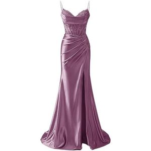 YIANN Satijnen baljurk met spaghettibandjes voor dames, met split, kant, applicatie, zeemeermin, lange baljurk, formele jurk, Wisteria, 32