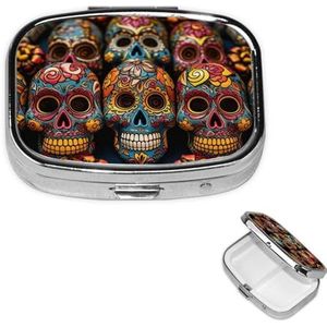 Pillendoosje Reizen Pillendoos met 2 Compartimenten Kleine Pillenetui voor Portemonnee & Pocket Draagbare Geneeskunde Organizer Kleurrijke Suiker Schedels Leuke Ronde Pillencontainer voor Vitaminen