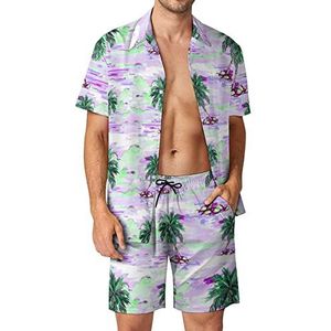 Mooie palmbomen heren 2 stuks Hawaiiaanse sets losse pasvorm korte mouwen shirts en shorts strand outfits XS