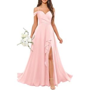 Chiffon bruidsmeisjesjurken voor dames, met split, lange baljurken, cocktailjurken, grote maten, Blush Roze, 32