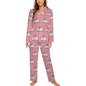Leuke Blobfish En Kat Vrouwen Lange Mouw Button Down Nachtkleding Zachte Nachtkleding Lounge Pyjama Set XL