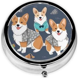 Pillendoosje met spiegel, retro pillendoosje met 3 vakken, kleding voor corgi honden, kleine pillenorganizer voor portemonnee of zak, decoratieve metalen medicijnen, vitamine-organizer, unieke