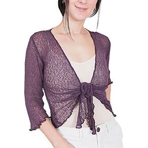 Mimosa Gehaakt damesvest, glitter of effen, elastisch, kant, visnet, omslagdoek, open vest, maat 34-58, Donkerpaars, Eén Maat
