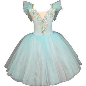 Omfpafeu Meisjes balletjurk met ruches lange pluizige tule rok TUTU-dansereskostuum podiumcollectief optredenkostuum,Blauw,120