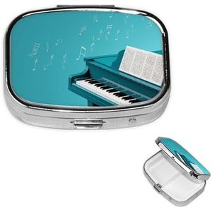 Pillendoosje met spiegel kleine pillenorganizer 2 compartimenten piano op blauwe achtergrond reizen pillendoos voor portemonnee of zak draagbare pillencontainer schattige medicijnorganizer