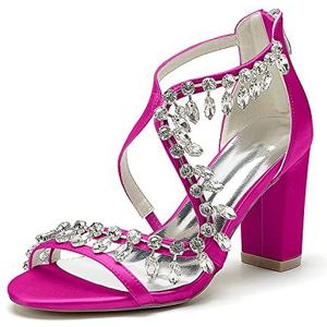 GHSIRUEU Strass Hakken Sandalen Voor Vrouwen Enkelbandje Chunky Blok Hakken Rits Trouwjurk Bruids Sandalen,Fuchsia,36 EU