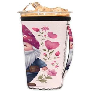 Valentijnsdag schattige kabouter roze hart (02) herbruikbare ijskoffie mouw met handvat neopreen beker mouw voor frisdrank, latte, thee, dranken, bier (klein 18-20 oz)
