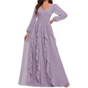 Prinses Bruidsmeisje Jurken Lange Mouw Prom Jurken V-hals Chiffon Formele Avond Party Maxi Jurk ZM208, Wisteria, 32