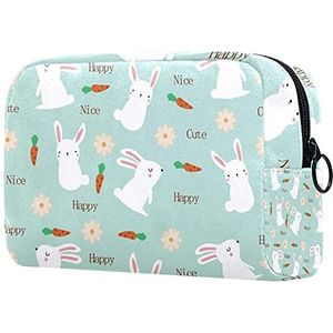 Toilettas Cosmetische Reizen Make-up Organizer Waszak Pouch met Rits Leuke Witte Konijnen Konijntje Wortel Bloemen Gelukkig Mooi Lichtblauw voor Reisaccessoires Essentials, multi 1, 7.3x3x5.1in, Beauty Case