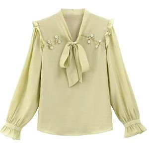 ROUZIHU Chiffon shirt met lange mouwen en strik, voor dames, met losse knopen, trompetmouwen, Vert, XXL