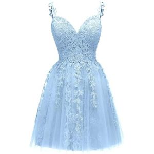 Spaghetti Bandjes Bruidsmeisjes Jurken voor Junioren Kant Applique Avond Cocktail Party Maxi Jurk Mini Lengte AH154, Lichtblauw, 32