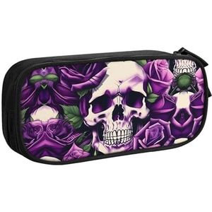 Yyoretp Grote Capaciteit Veel Paars Rose Schedel Print Potlood Case, Dubbellaags Rits Make-up Pouch Potlood Box Organizer., Zwart, Eén maat, Beauty Case