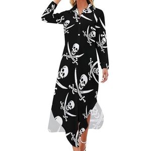 Piratenvlag hoodies schedel sweatshirts Skullandswords dames maxi-jurk lange mouw knop shirt jurk casual feest lange jurken M