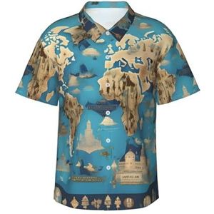 Wereld Aardrijkskunde kaart print leuk Hawaïaans shirt voor mannen casual korte mouw button down shirts zomervakanties, Zwart, S