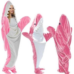 SHUOJIA Shark Deken, haai-capuchondeken, haai-deken voor volwassenen, super zacht en behaaglijk, haai, draagbaar, flanellen capuchontrui (roze, M)
