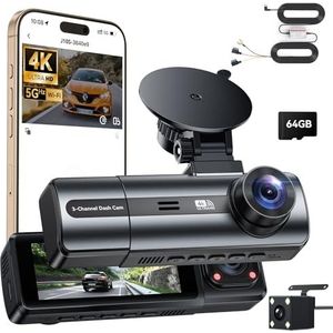 4K dashcam voor de auto, voor en achter met hardwire kit, wifi dashcam met parkeerbewaking, 64 GB SD-kaart, 3-kanaals autocamera met nachtzicht, 170° groothoek, WDR, G-sensor, loopopname