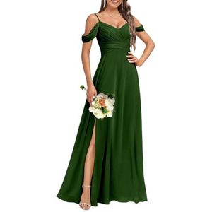 HPPEE Dames koude schouder V-hals chiffon bruidsmeisjes jurken met split geplooide formele jurk avondjurk, Emerald Groen, 32