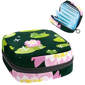 Roze Lotus Vijver Groene Bladeren Kikkers Print Periode Tas voor Tiener Meisjes Vrouwen Dame, Maandverband Opbergtas met Rits Nylon Draagbare Opslag Menstruatie Pad Tas