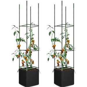 Outsunny 2-delige Plantensteun Set, Klimrek met Kweekzak, Bloemenrek, Spalier, Plantenframe, Tomatenkooi voor Klimplanten, Staal, Groen, 33 x 33 x 180 cm