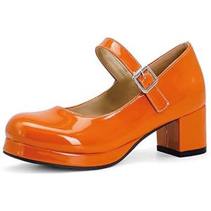 TABKER Lederen instappers vrouwen vrouwen gesp comfortabel platform dikke hoge hak pompen zoete jurk schoenen (kleur: oranje, maat: 12)
