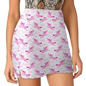 Roze En Wit Vliegende Eenhoorns Dames Skorts Hoge Taille Tennisrok Gelaagde Korte Mini Rok Culottes Skorts Met Zakken M