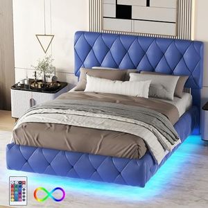 Idemon Tweepersoonsbedden, gestoffeerd bed, zweefbedden, gestoffeerd bed, lichtlijsten, 140 x 200 cm, blauw