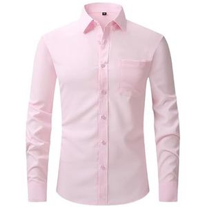 Heren Regular Fit Overhemd 4-Way Stretch Effen Zakelijk Casual Lange Mouw Formeel Overhemd met Zak Werk Kantoor Bruiloft Zomertops Jas voor Heren Volwassene Roze Xl