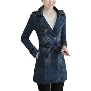Dvbfufv Vrouwen Cowboy Jas Herfst Denim Jas Mid-Lengte Dubbele Breasted Riem Denim Windjack Vrouwelijke Jas Tops, Blauw, M