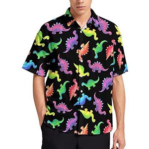 Kleurrijke Dinosaurus Dinos Mannen Korte Mouw T-Shirt Causale Button Down Zomer Strand Top Met Pocket