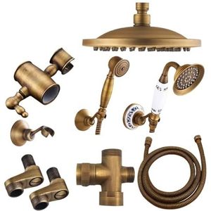 Regendouchekop, antiek messing, 3-weg kraan, omstelventiel, bevestigingshouder voor wandmontage, handdouche-arm (groen)