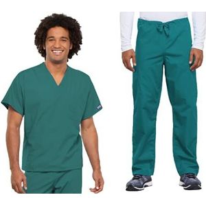 Dames Scrubs Set Werkkleding Originals 4777 V-hals Tuniek Top & 4100S Trekkoord Cargo Broek, Teal Blauw-2XL Top/XL Korte Broek