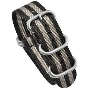 InOmak Nylon band, 20/22 mm, geweven stof armband, Zwart, grijs, 22mm Silver Buckle, strepen