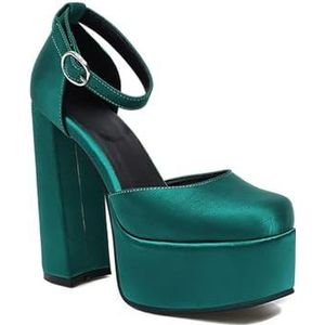 Klassieke mode vrouwen pompen sterke hak karree schoenen 15 cm voor dames PU leer Mary Janes witte schoenen vrouw schoenen, groen, 37 EU