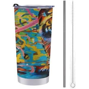 Moderne Olieverfschilderij van Tiger Travel Mok Herbruikbare Koffie Cup Water Fles Tumbler Met Stro En Deksel 20oz