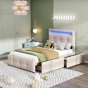 Idemon Gestoffeerd bed 90 x 200 cm met LED-verlichting, 2 laden, huidvriendelijke linnen bekleding plat eenpersoonsbed kinderbed tienerbed logeerbed (beige)