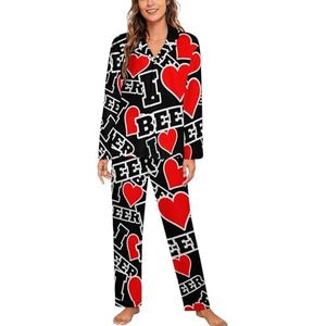 I Heart Beer Pyjama Sets met Lange Mouwen voor Vrouwen Klassieke Nachtkleding Nachtkleding Zachte Pjs Lounge Sets