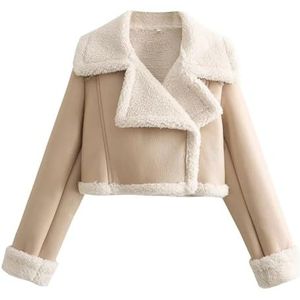 Warme Korte Winterjas for Dames, Gevoerd Met Imitatieleer en Kraag Met Omslag(Beige,XS)