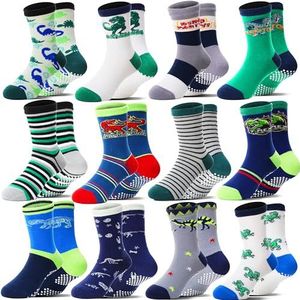 Welwoos Stoppersokken Kinderen Baby Jongens Antislipsokken Kinder Anti-slip Rutschfeste Grappige Geschenk Katoenen Sokken Kinderen Jongens 12 Paar (Dinosaurussen, 26-28)