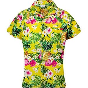 King Kameha Funky Hawaïblouse voor dames, korte mouwen, voorzak, Hawaii-print, ananas, bloemenprint, Pineapple Bloemen Geel, L