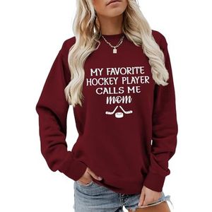 MLZHAN Vrouwen Hockey Sport Sweatshirts Mijn Favoriete Hockeyspeler Calls Me Mom Shirt Moederdag Casual Mama Sweatshirt, wijnrood, S