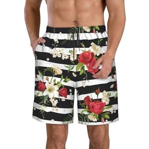 JIAWUJYNB Zwart wit gestreept rode roos bloemen print heren strandshorts - lichtgewicht, sneldrogende zwembroek met trekkoord met zakken, Wit, S