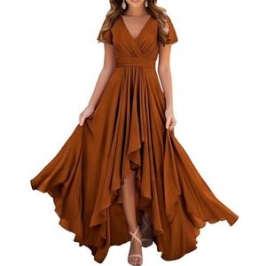 Dames chiffon bruidsmeisjes jurken met split lange galajurken ruches cocktailjurk plus size, Verbrand Oranje, 32