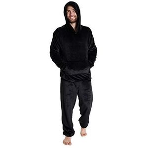 CityComfort Heren-pyjamaset, warme fleece pyjama voor heren, met pluizige hoody, Zwart, M